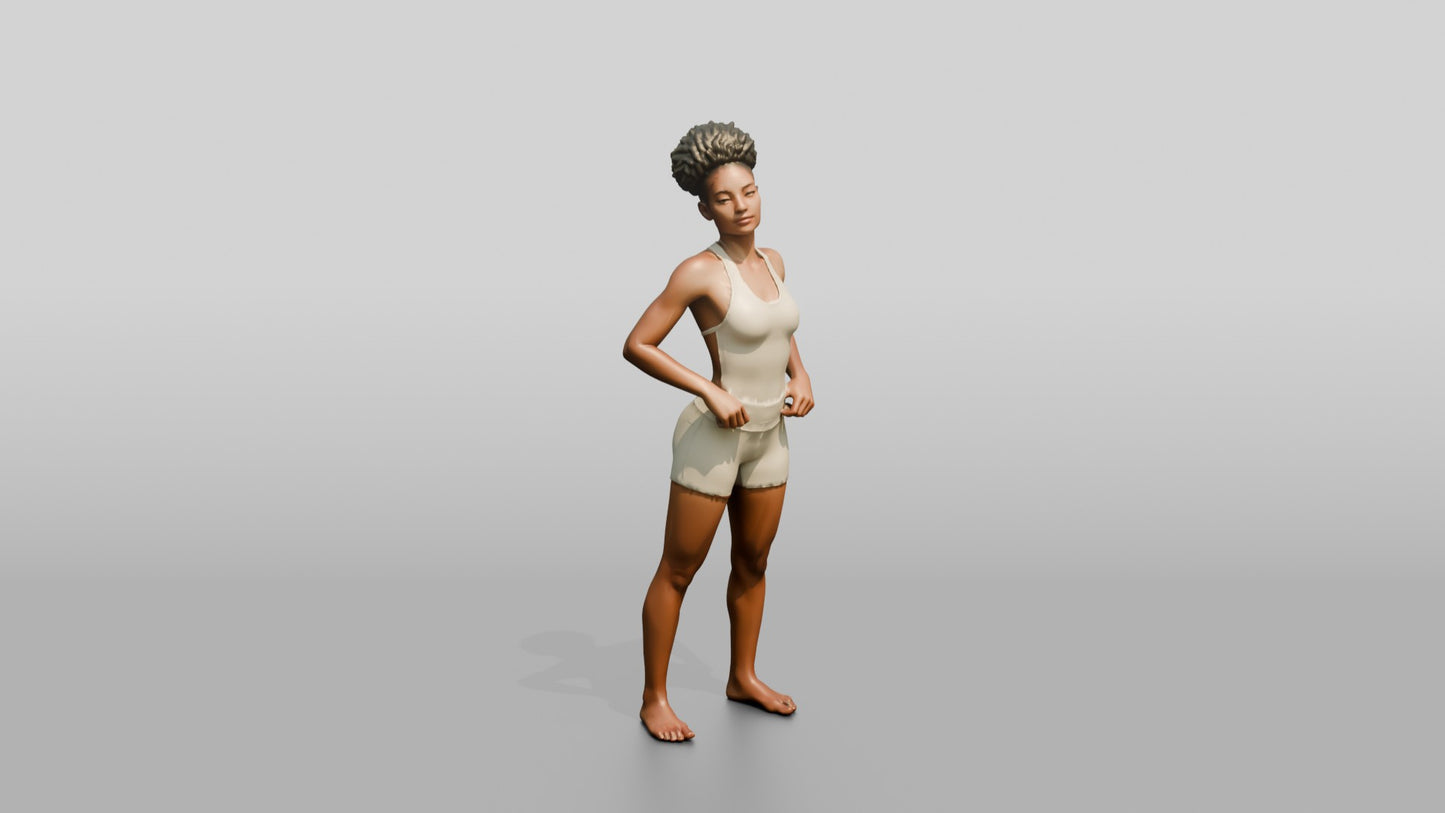 Black Woman in Cream Unitard with Hand on Hip