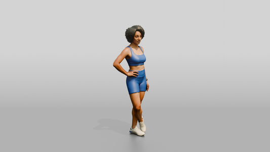 Black Woman in Blue Activewear with Hands on Hips - 3D character model, view 1