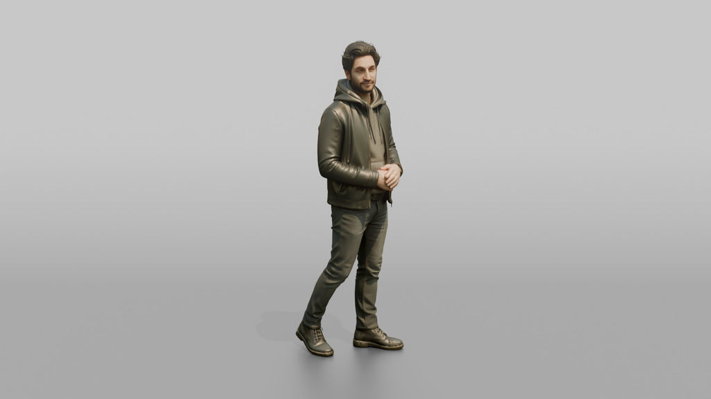 Young Man in Olive Leather Jacket and Boots