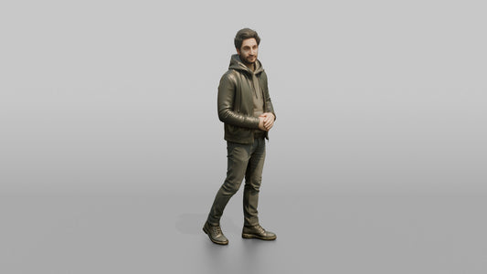 Young Man in Olive Leather Jacket and Boots - 3D character model, view 1