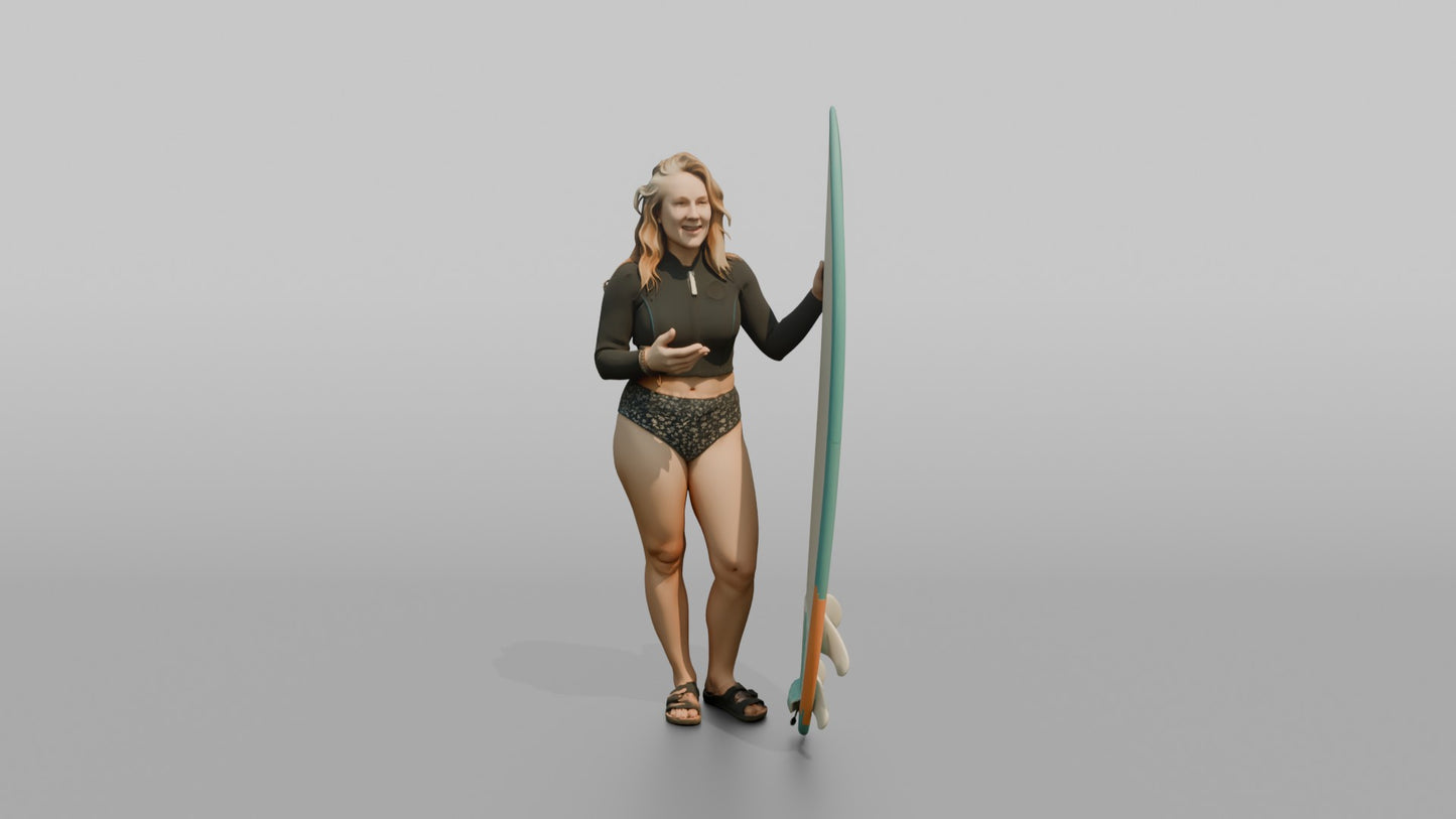 Surfer Standing and Chatting by Her Board