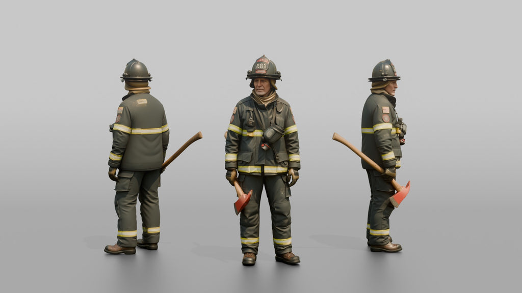 Firefighter Man Holding an Axe Down By His Side