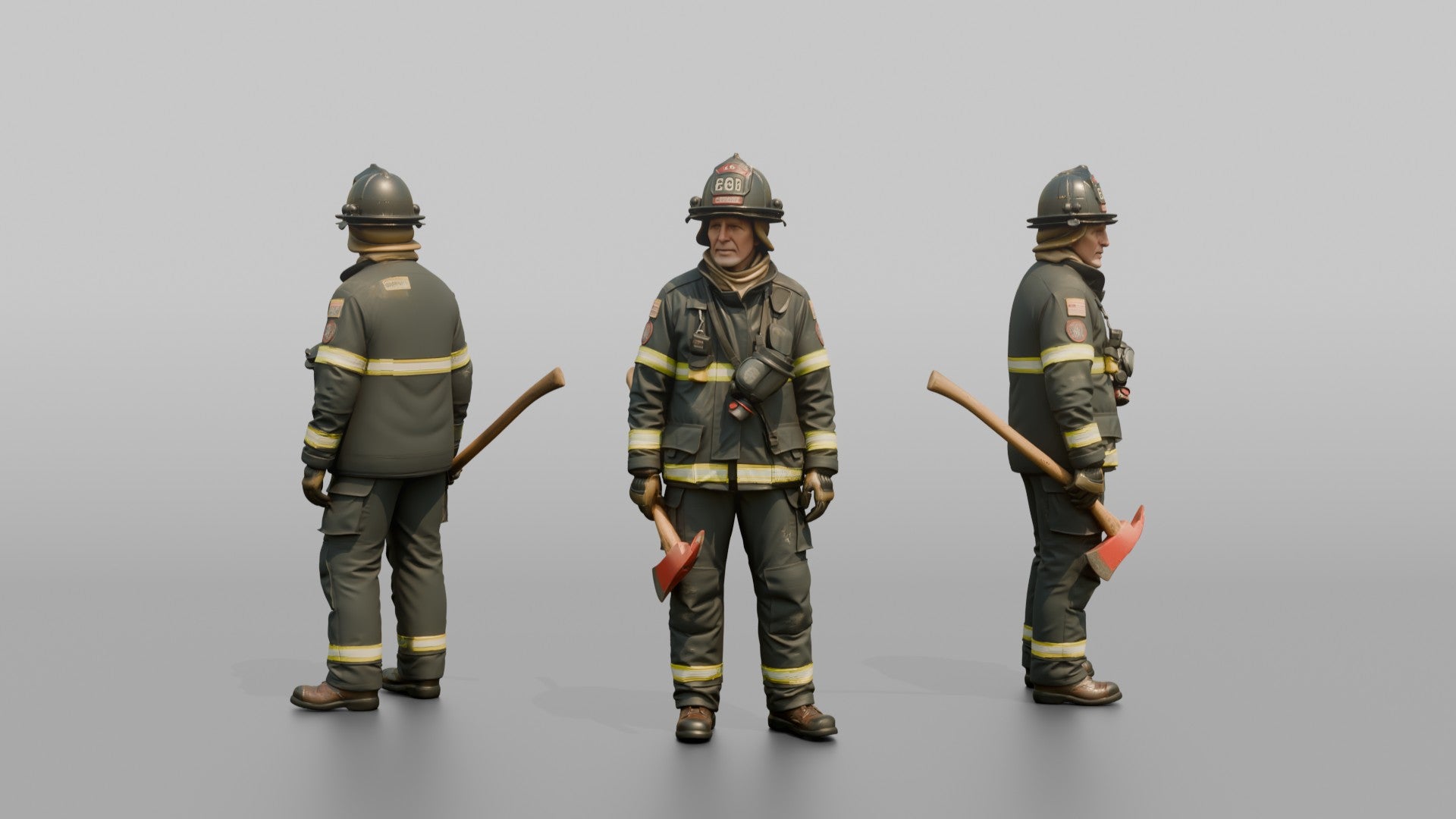 Firefighter Man Holding an Axe Down By His Side