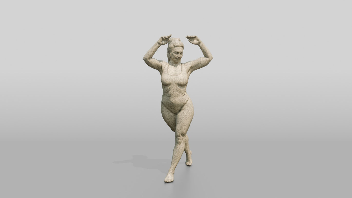 Curvy Woman in Blue Swimsuit Posing with Arms Raised