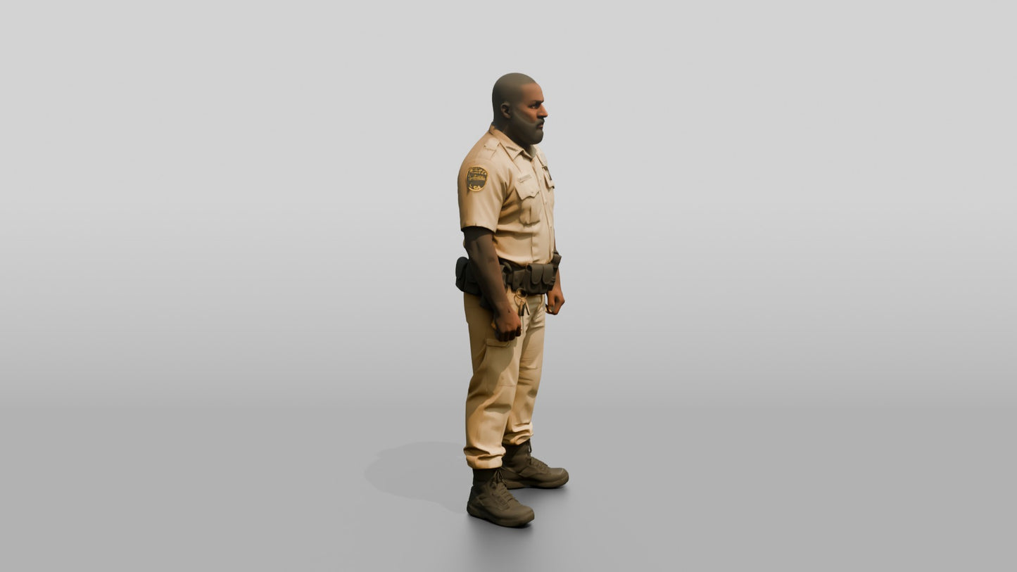Thick Black Male Guard in a Khaki Guard Uniform