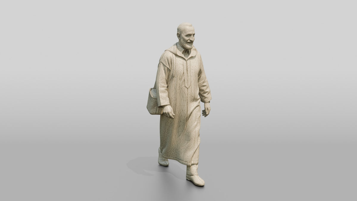 Elderly Tall Moroccan Man in Traditional Jalabiya - wireframe topology preview