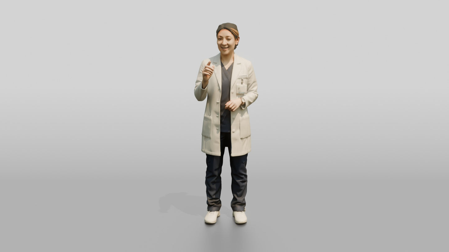 Young East Asian Woman Doctor with Hand Raised