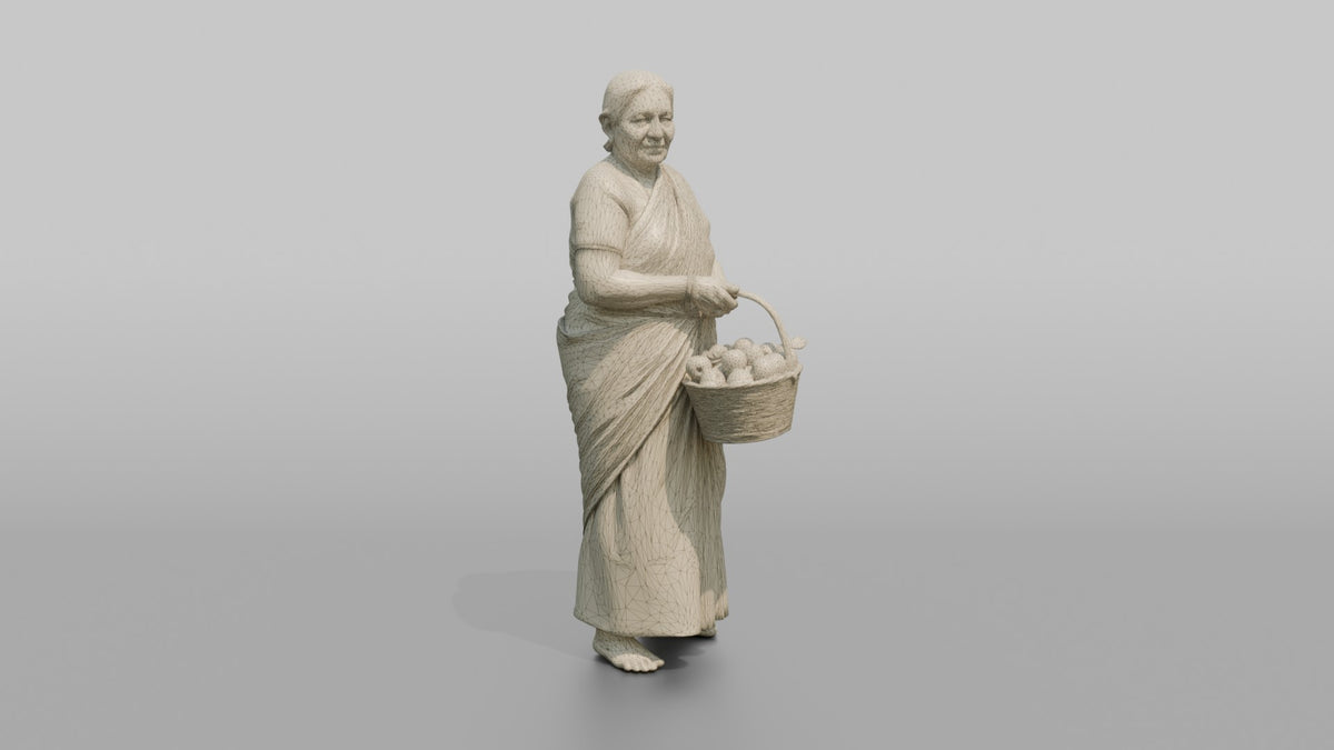 Grandmother Carrying A Basket Of Freshly Picked Apples - wireframe topology preview
