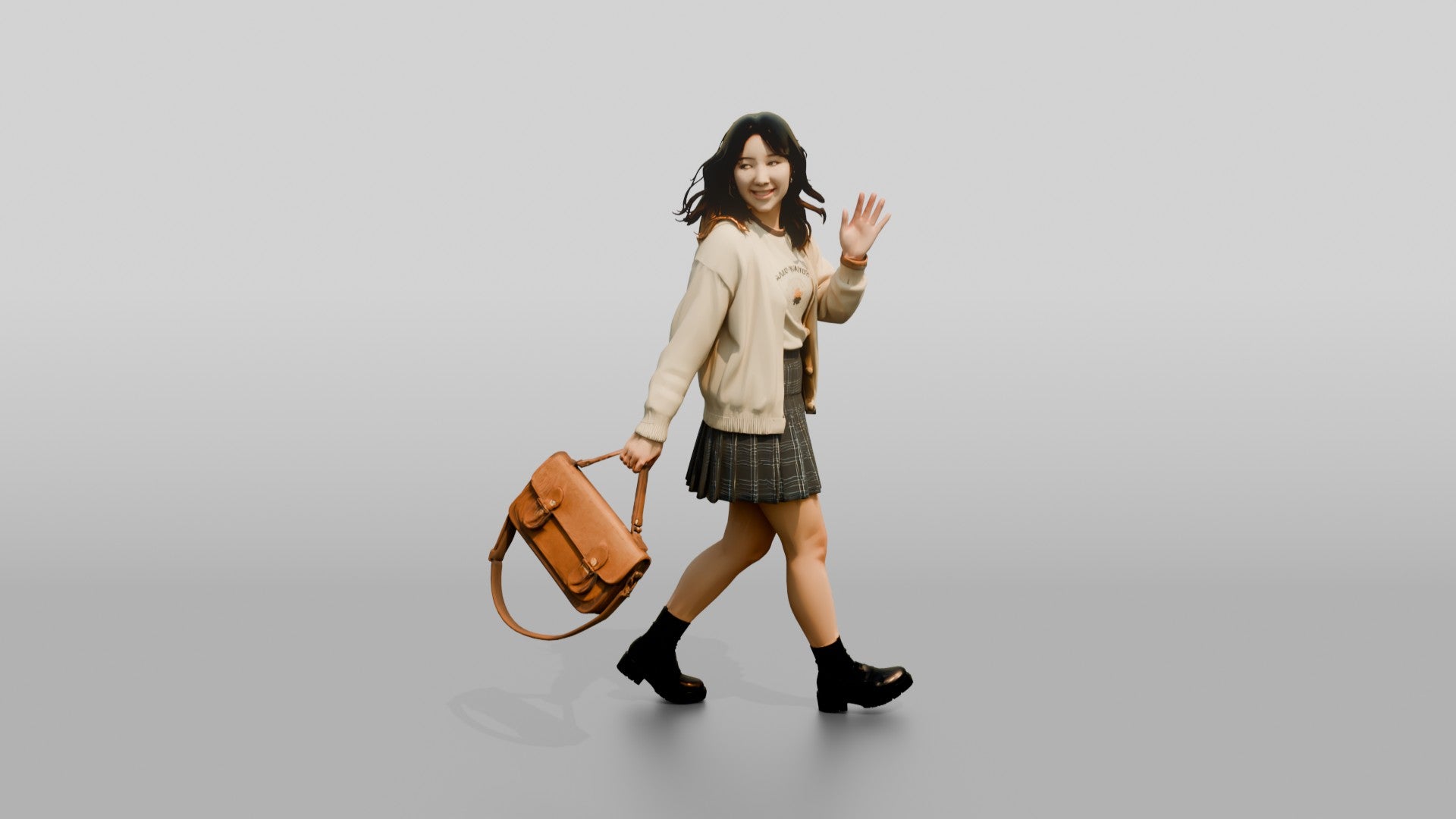 Asian Woman Walking with Vintage Bag