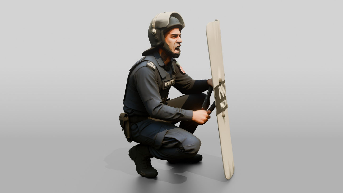 Riot Police Officer Crouching Behind Shield