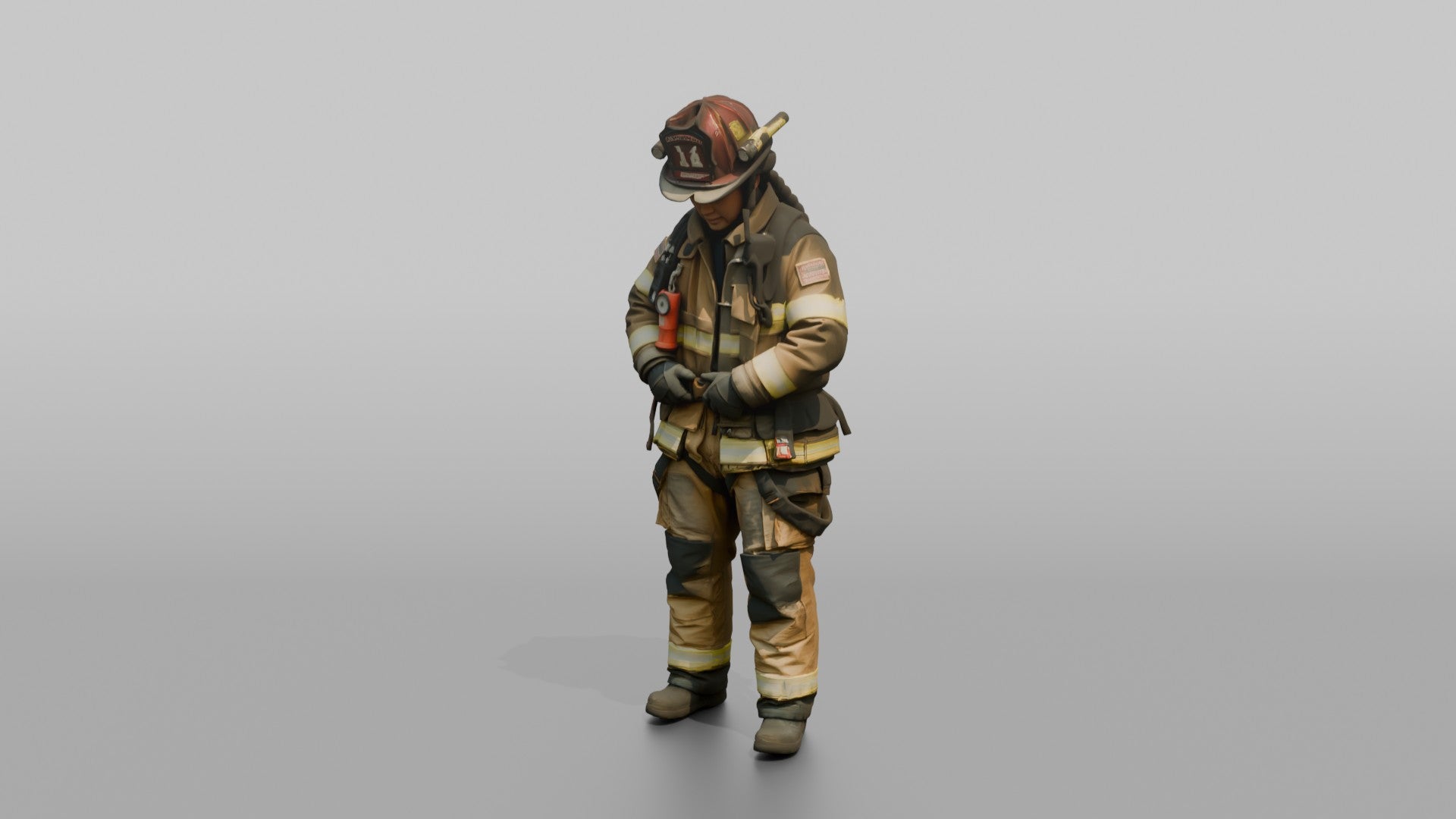 Firefighter Woman Fastening Her Heavy Turnout Jacket Buckles