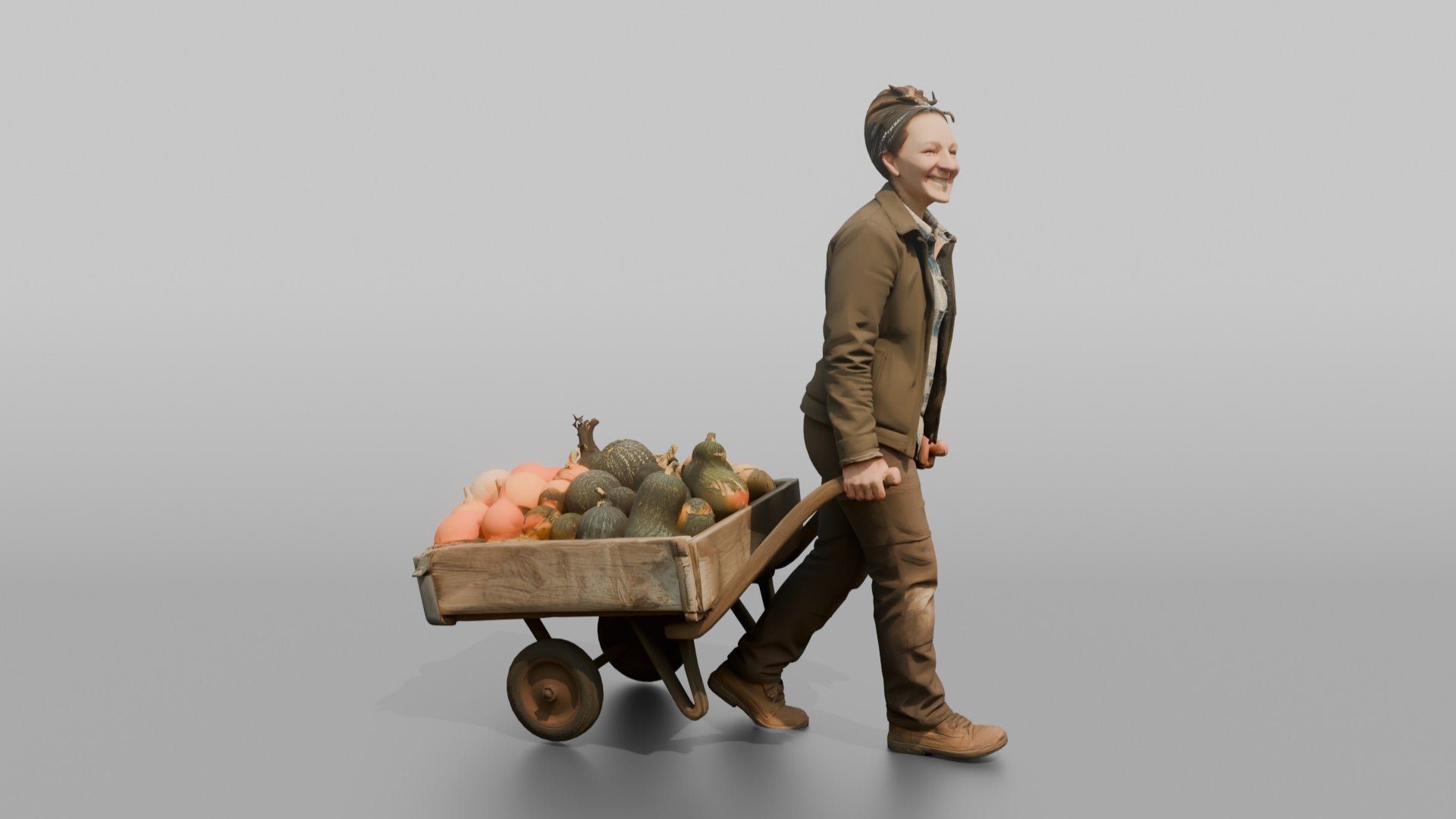 Farmer Pulling Heavy Hand Cart Loaded Organic