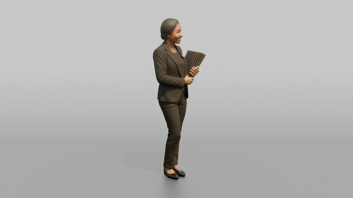 Host Man Holding A Stack Of Menus Against Their Chest - 3D character model, view 2
