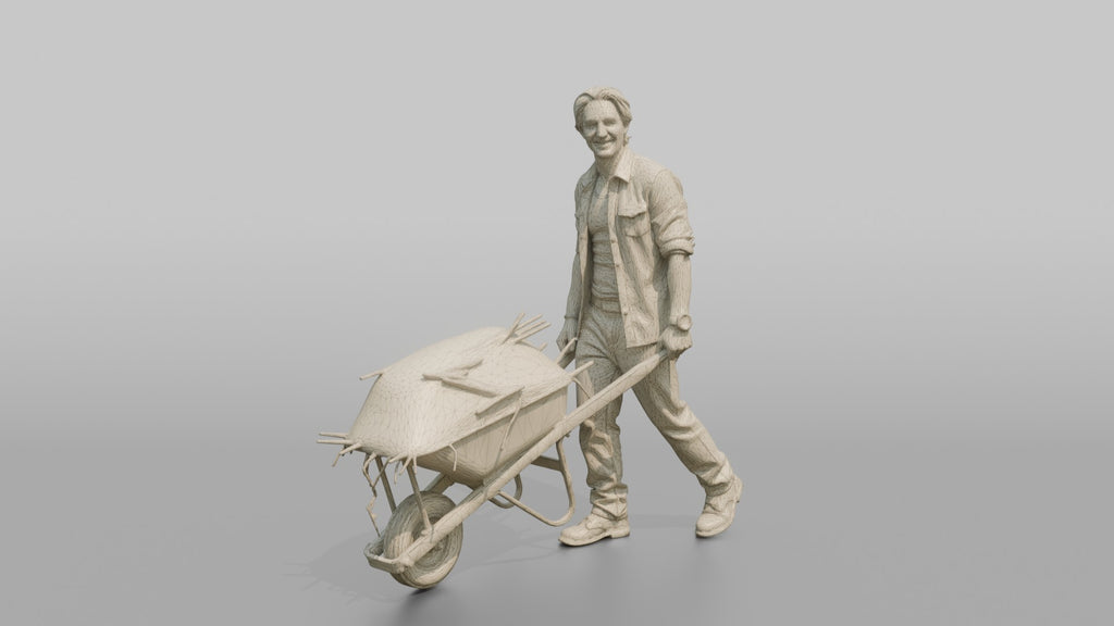 Farmer Pushing Wheelbarrow Overflowing Fresh Straw
