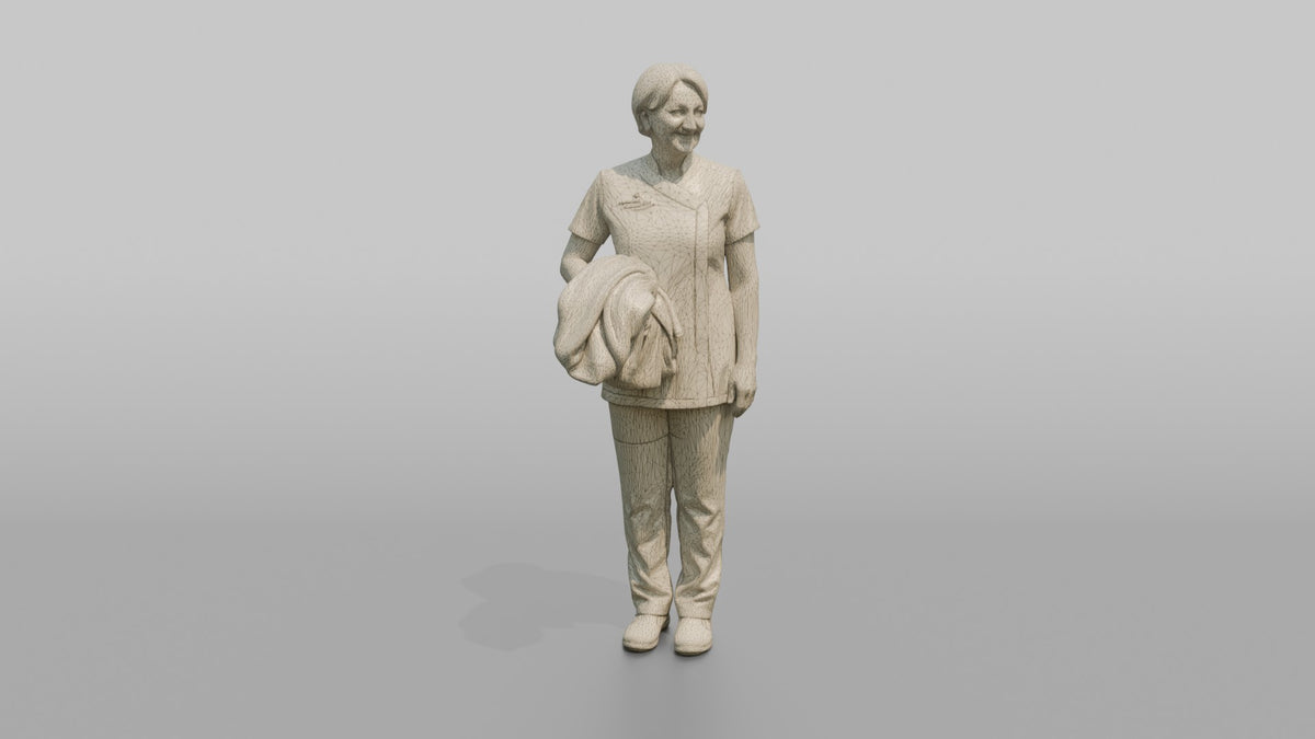 Spa Attendant Man Holding A Folded Bathrobe Over One Arm - wireframe topology preview