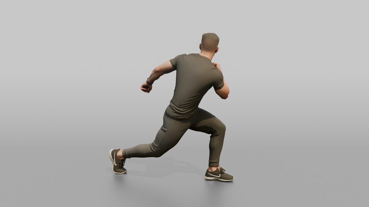 Fitness Influencer Man Mid Lunge, Twisting Slightly - 3D character model, view 3
