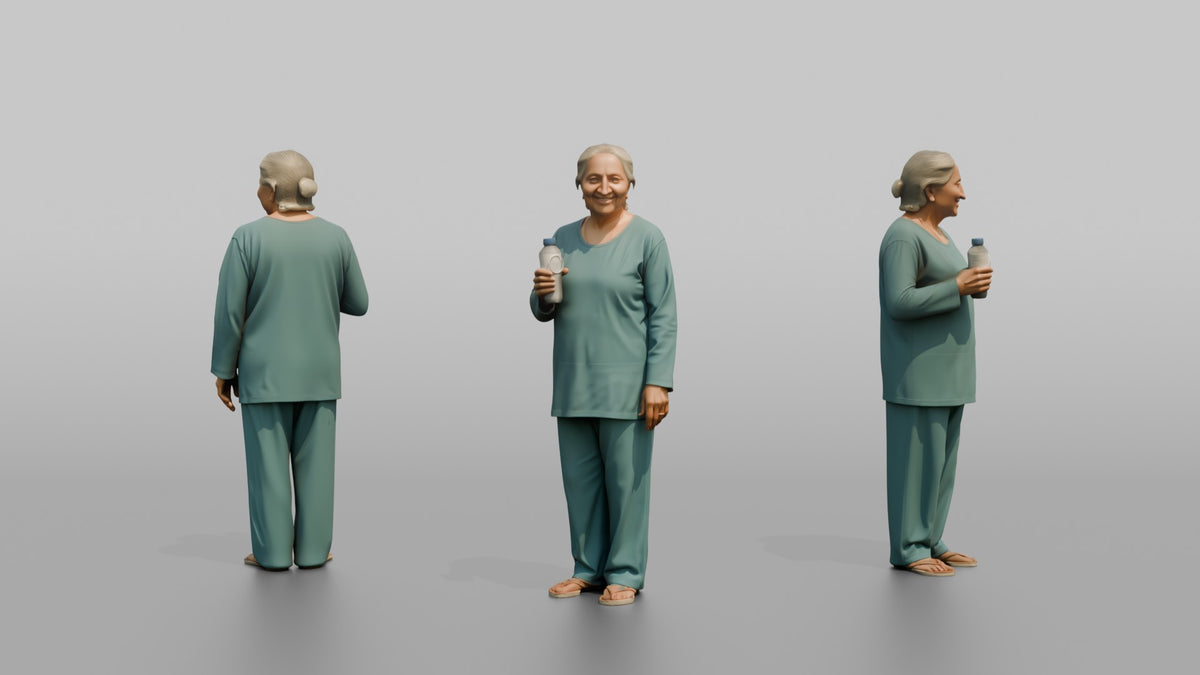 Spa Client Woman Standing Holding A Small Water Bottle, Post-treatment - 3D character model, view 1