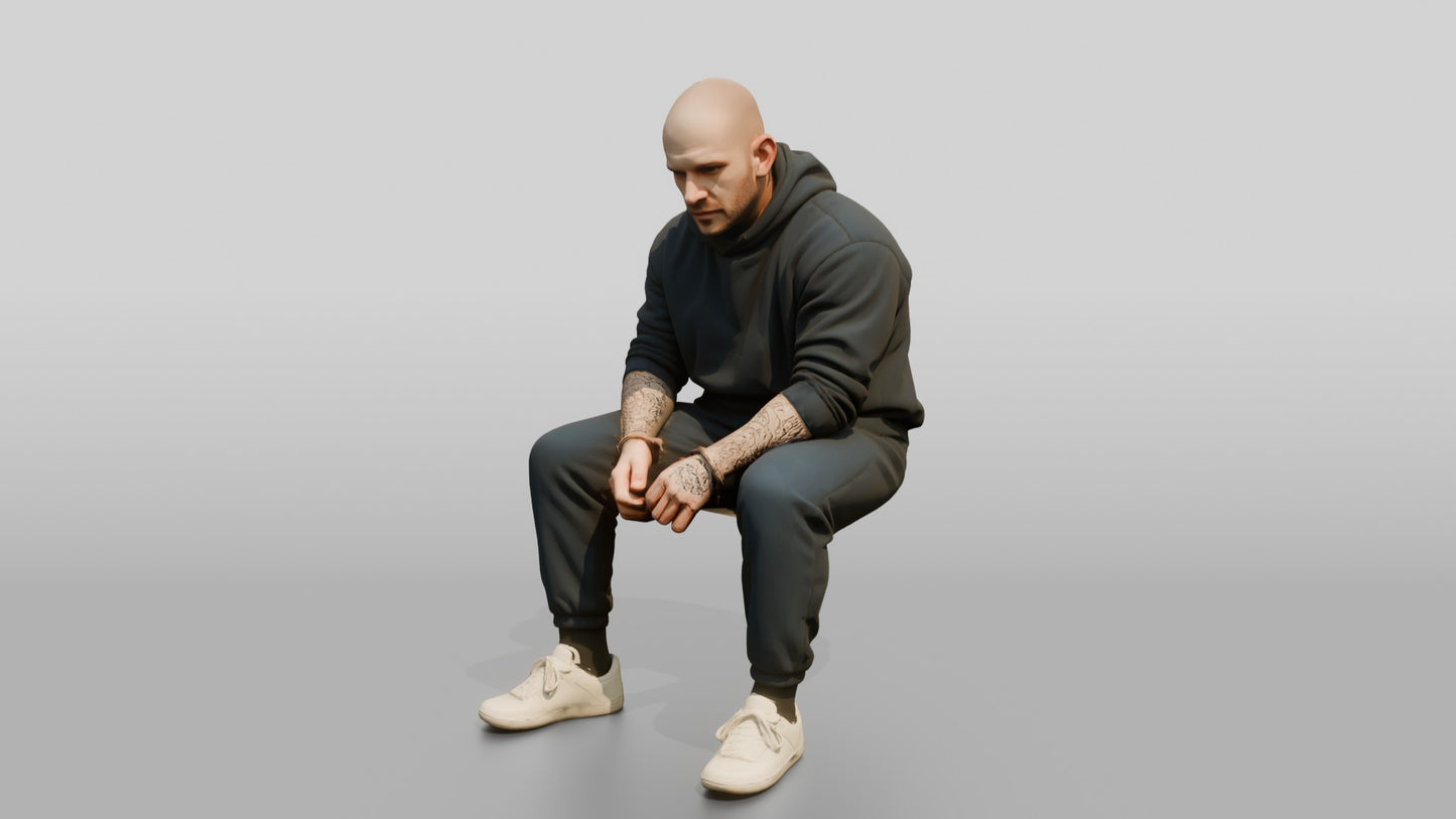 Caucasian Male Prisoner in a Navy Blue Hoodie and Joggers