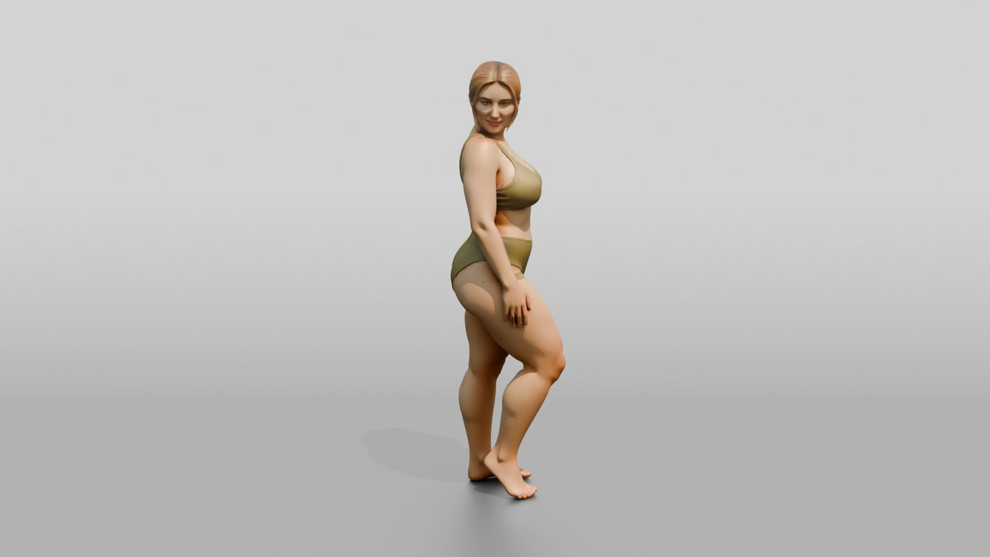 Curvy Woman in Olive Two-Piece Swimsuit Standing