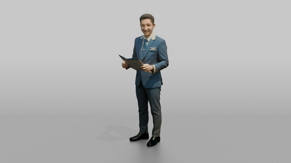Caucasian Flight Attendant Rolling a Suitcase - 3D character model, view 4