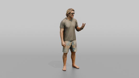 Surfer Mid-Conversation on the Beach - 3D character model, view 1