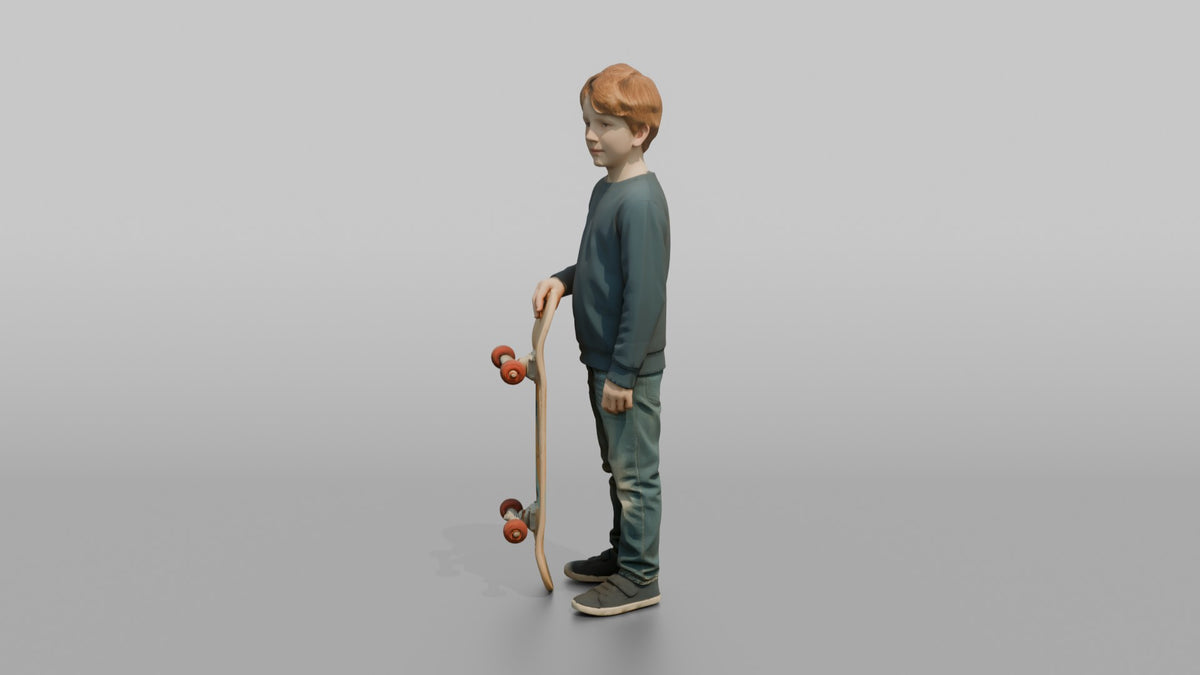 Son Holding A Skateboard Upright At His Side - 3D character model, view 4