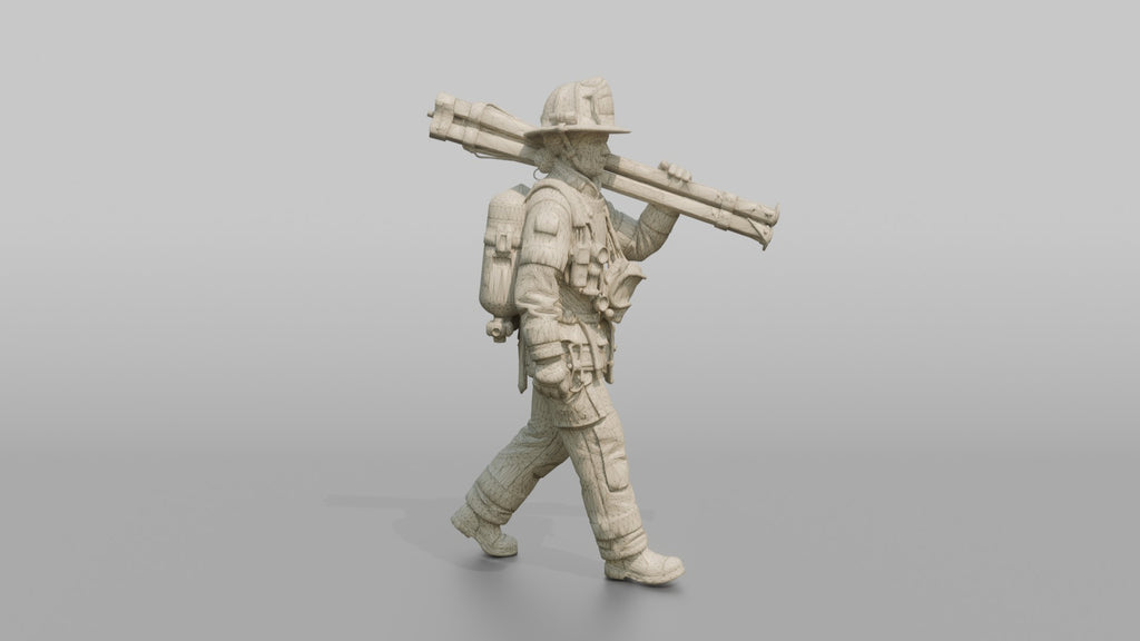 Firefighter Woman Carrying a Rescue Tripod Frame