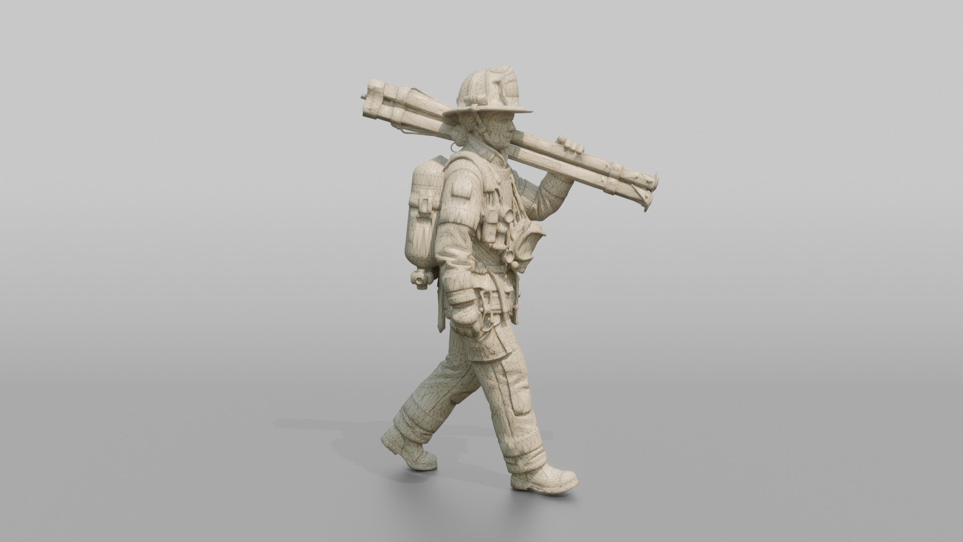 Firefighter Woman Carrying a Rescue Tripod Frame