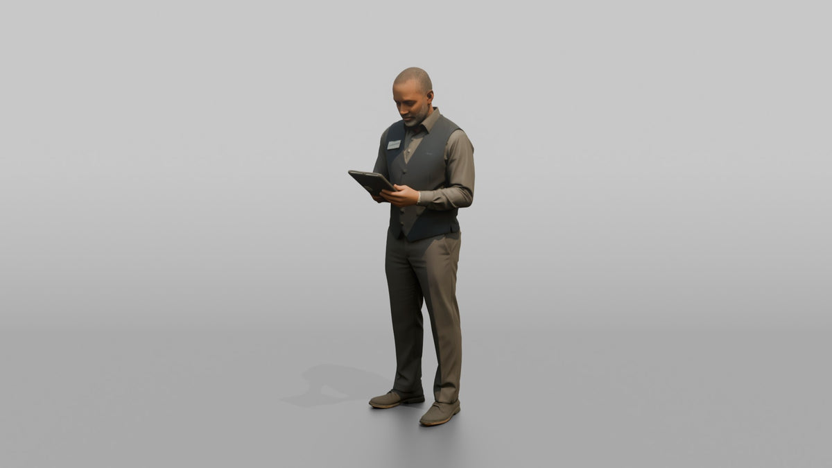 Man Sales Associate Holding A Tablet, Checking Something On The Screen - 3D character model, view 4