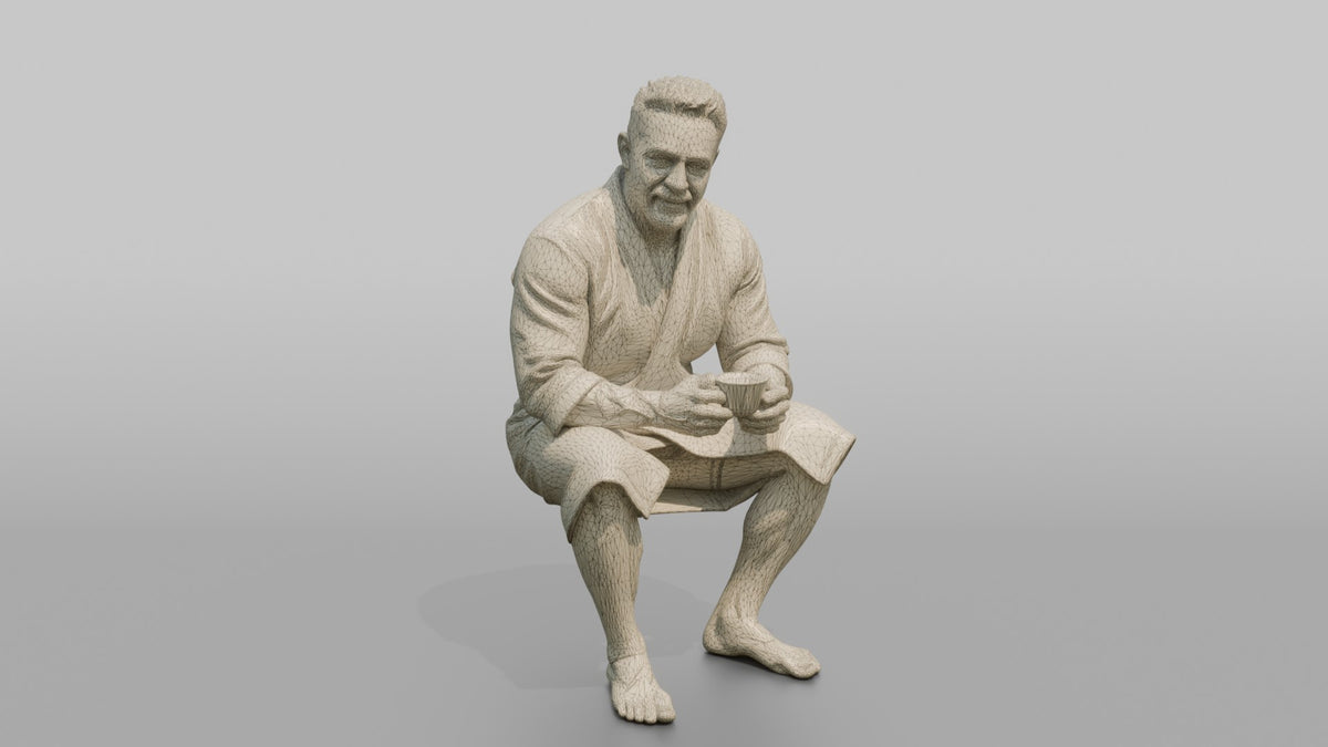 Spa Client Man Sitting Holding A Cup Of Herbal Tea With Both Hands - wireframe topology preview