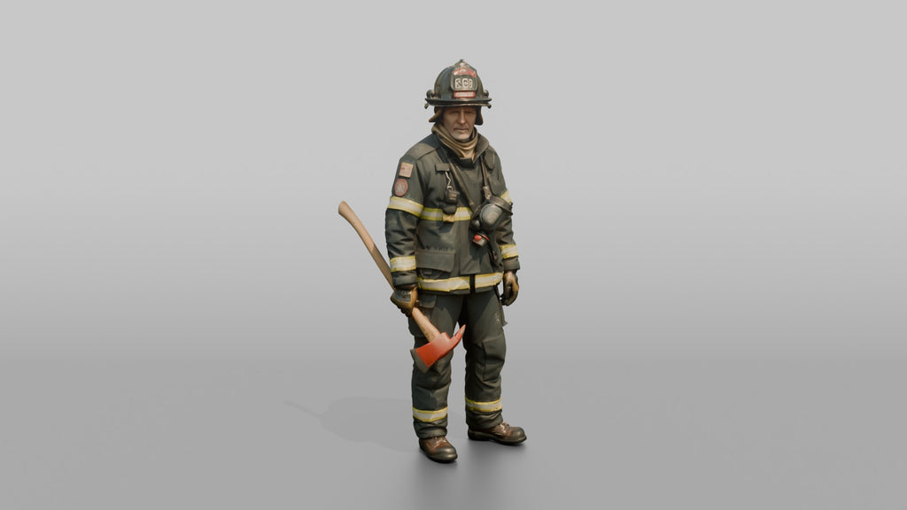 Firefighter Man Holding an Axe Down By His Side