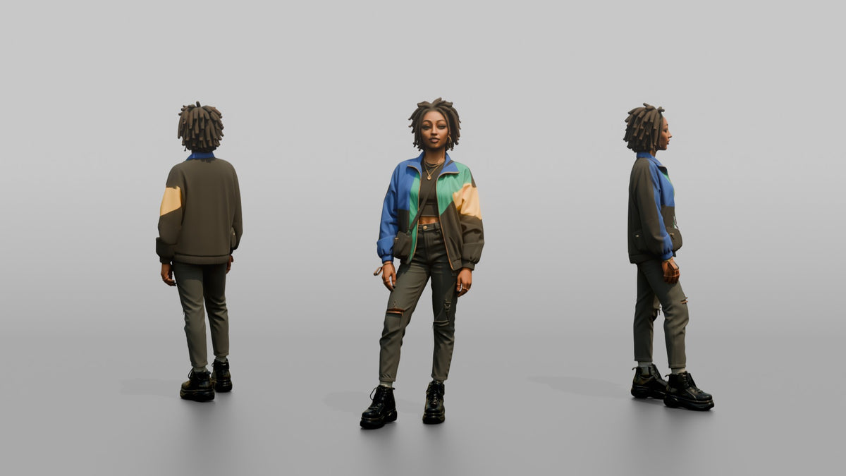 Patron Woman Wearing Platform Boots And A Bold Color-block Jacket - 3D character model, view 1