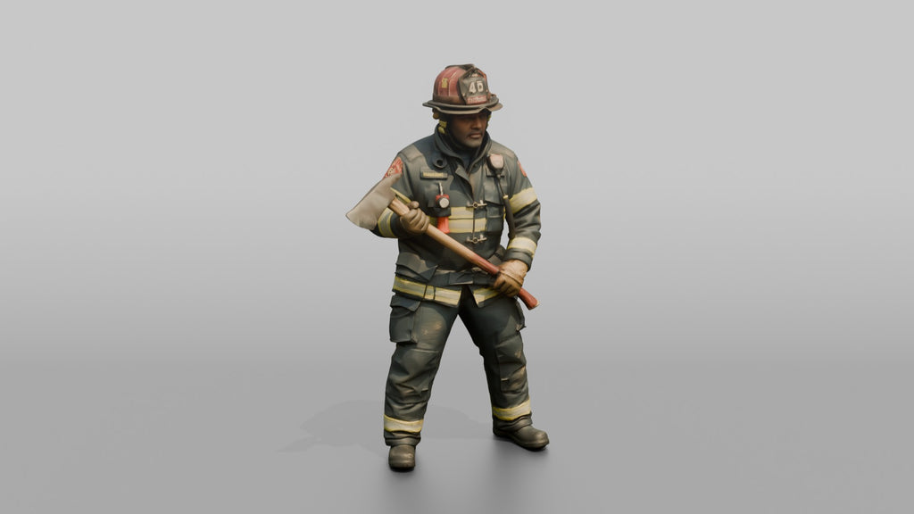Firefighter Man Holding a Fire Axe in a Ready Stance
