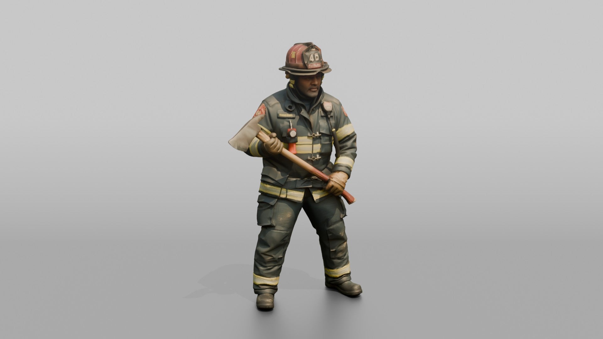 Firefighter Man Holding a Fire Axe in a Ready Stance