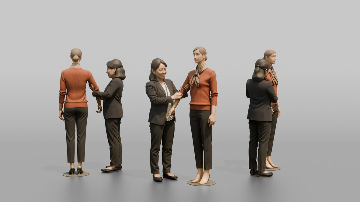 Woman Sales Associate Adjusting A Mannequin's Arm - 3D character model, view 1