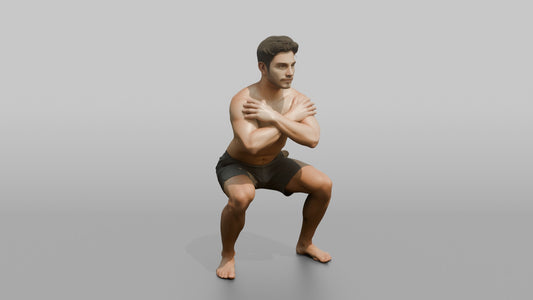 Bodyweight Athlete Man Holding A Deep Squat Position, Arms Crossed - 3D character model