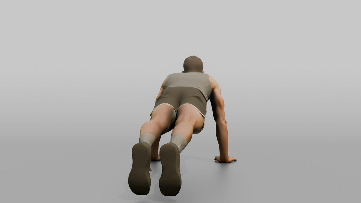 Fitness Influencer Man Mid Burpee, Hands On The Ground - 3D character model, view 3