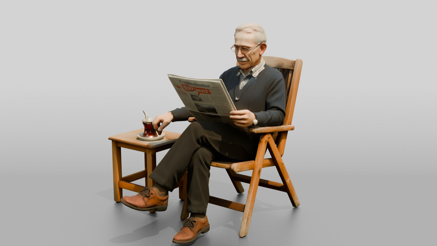 Elderly Man Reading Newspaper with Tea