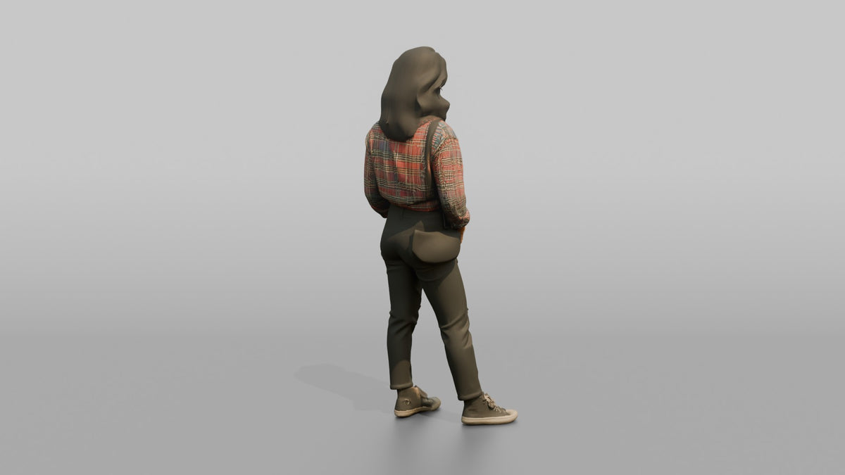 Patron Woman Wearing An Oversized Colorful Flannel Tied At The Waist - 3D character model, view 3