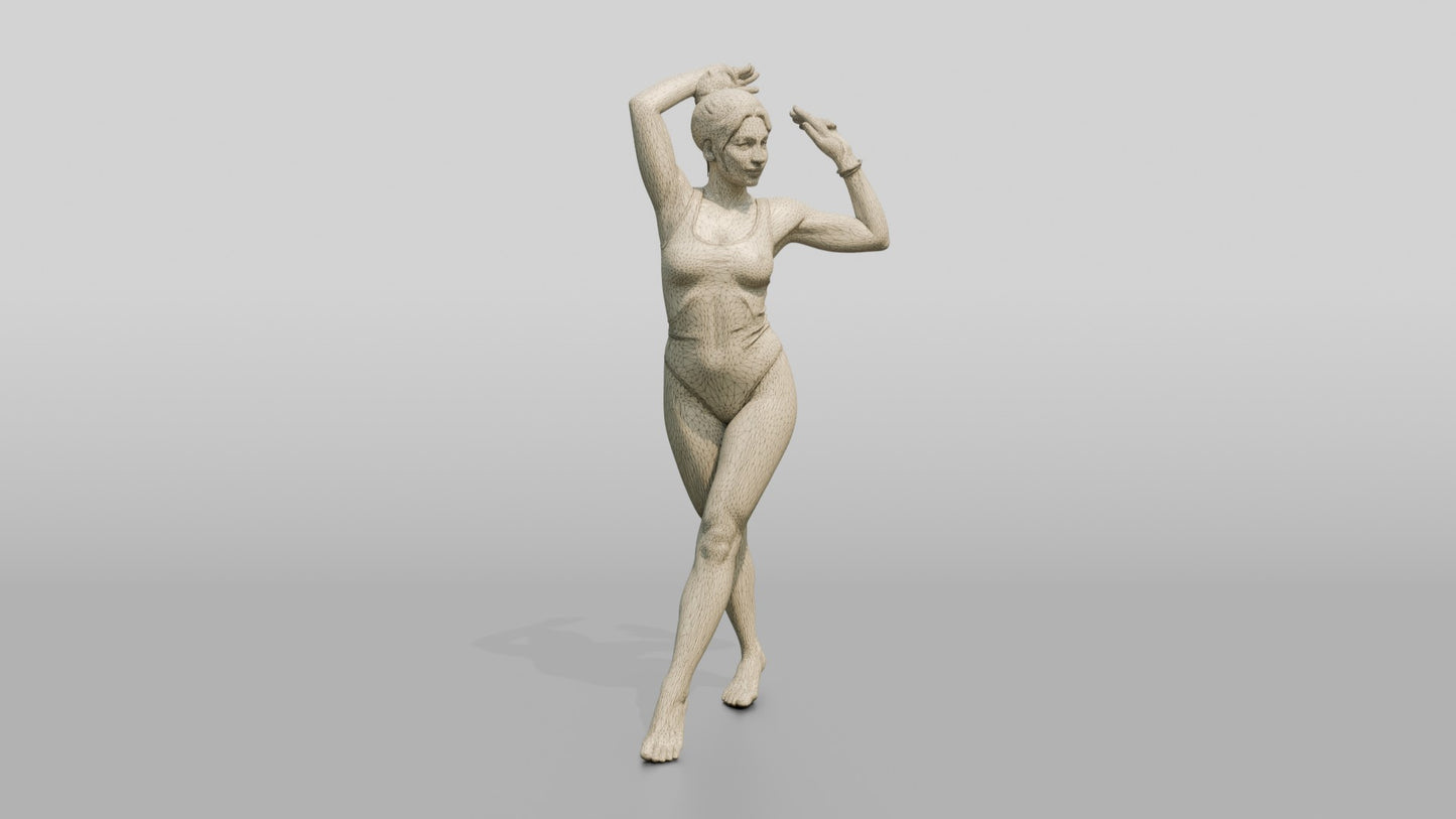 Woman in Grey One-Piece Swimsuit Posing Arms Raised