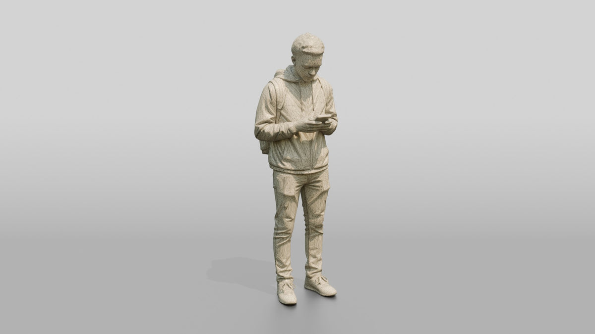 Black Man Texting in Black Windbreaker - wireframe topology preview