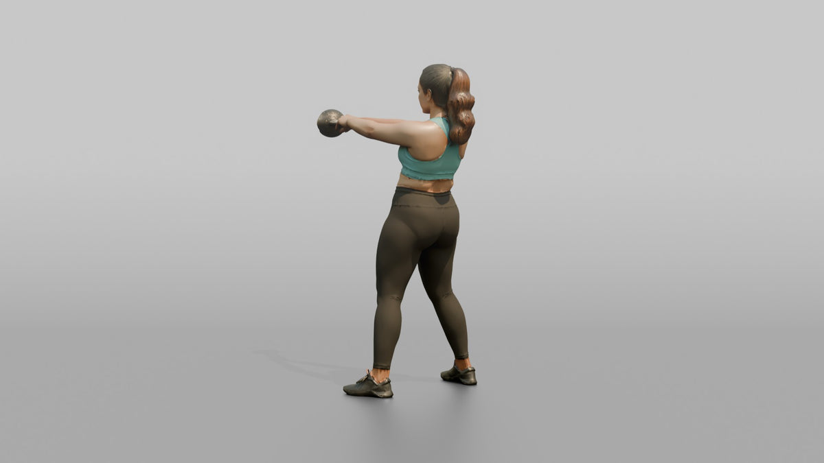 Weightlifter Woman Performing A Kettlebell Swing - 3D character model, view 3