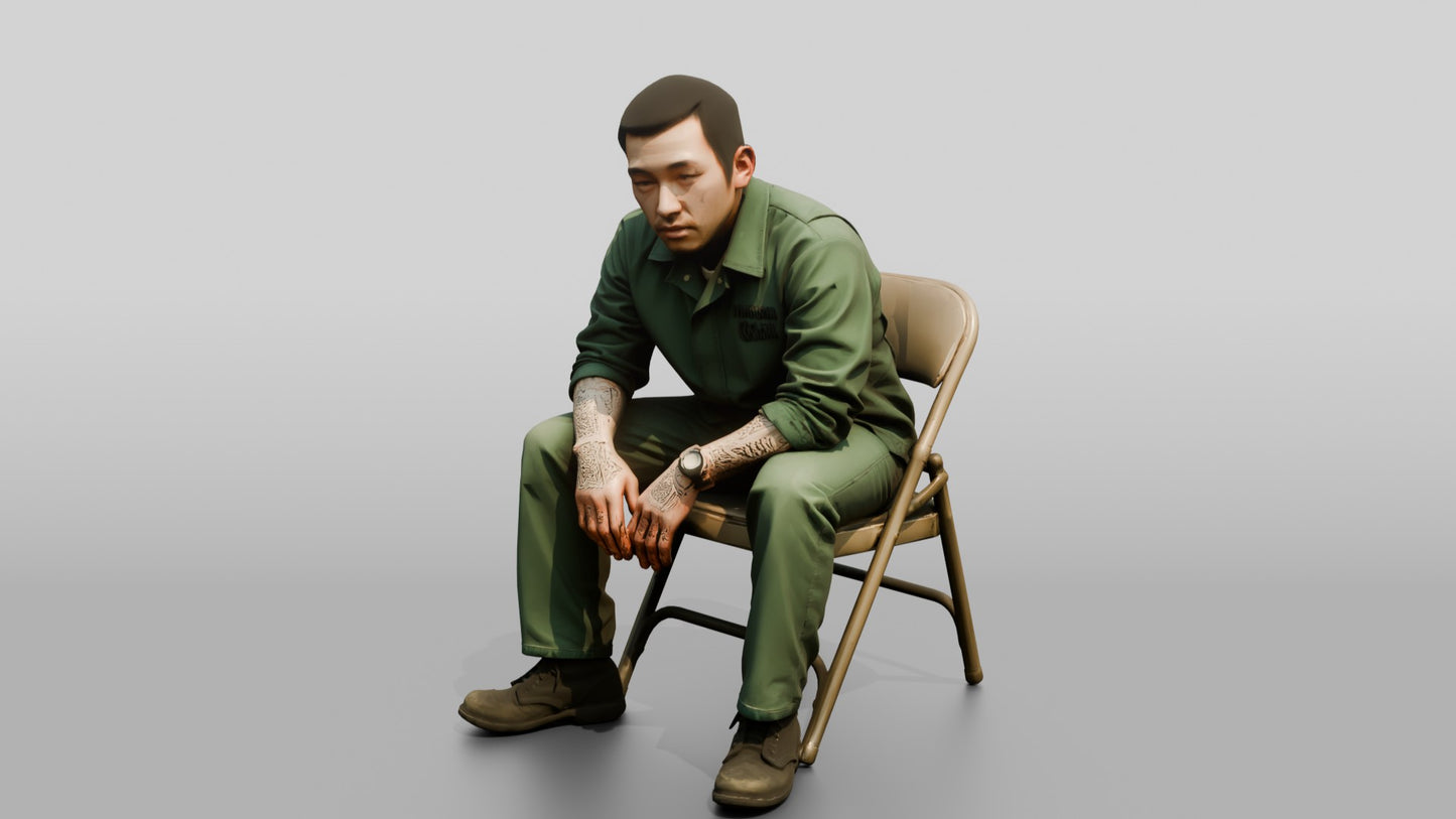 East Asian Male Prisoner in a Green Uniform