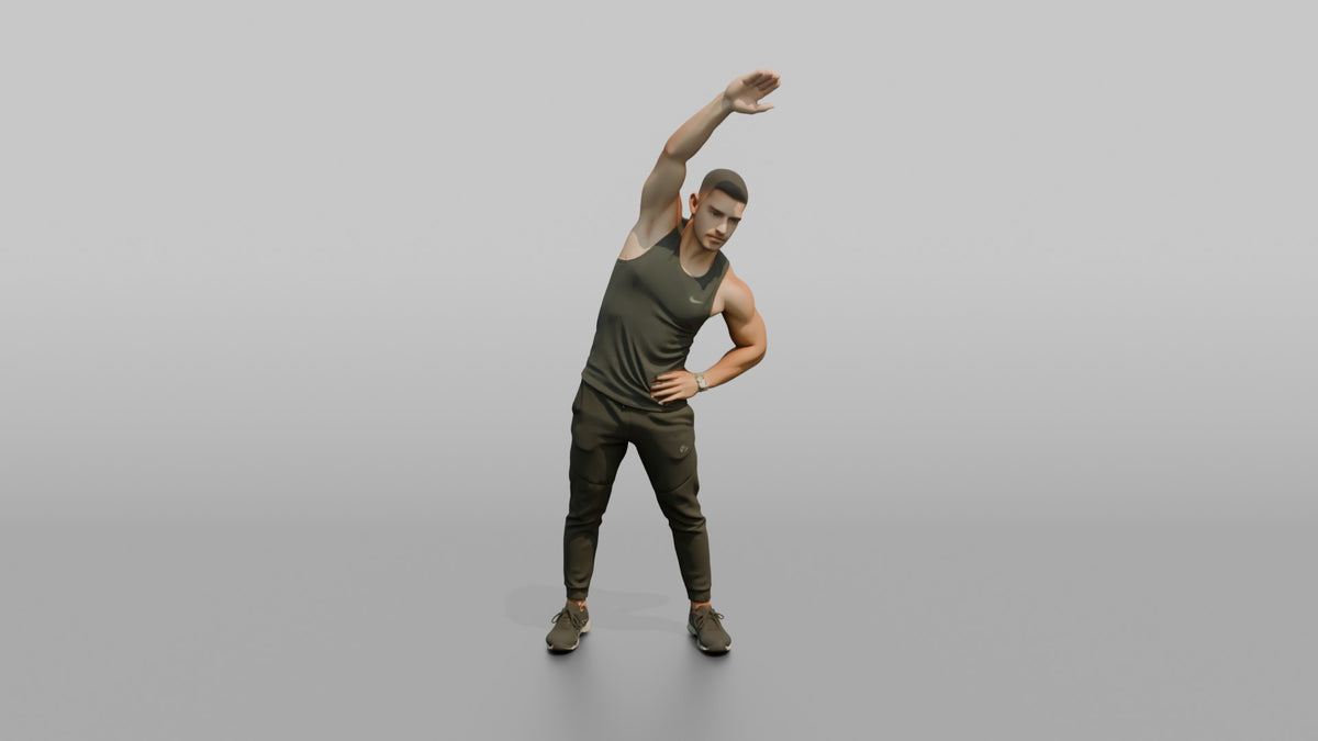 Fitness Influencer Man Doing A Standing Side Stretch, One Arm Overhead - 3D character model, view 5