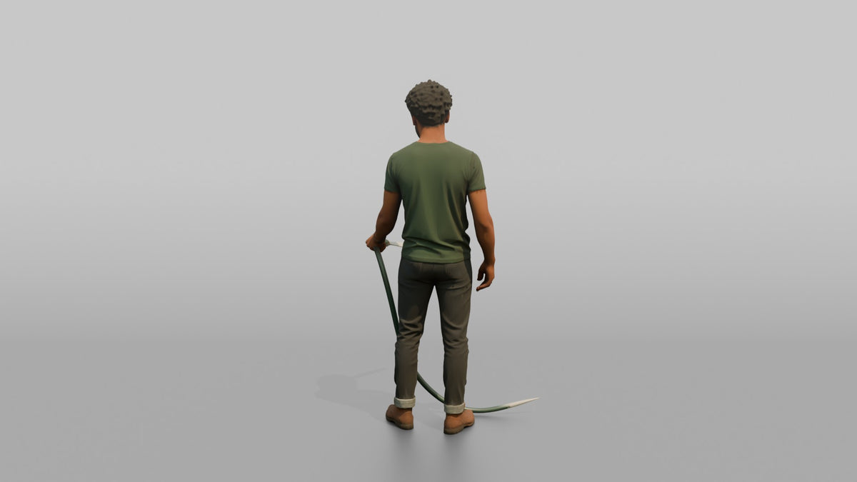 Father Holding A Garden Hose, Watering Unseen Plants - 3D character model, view 3