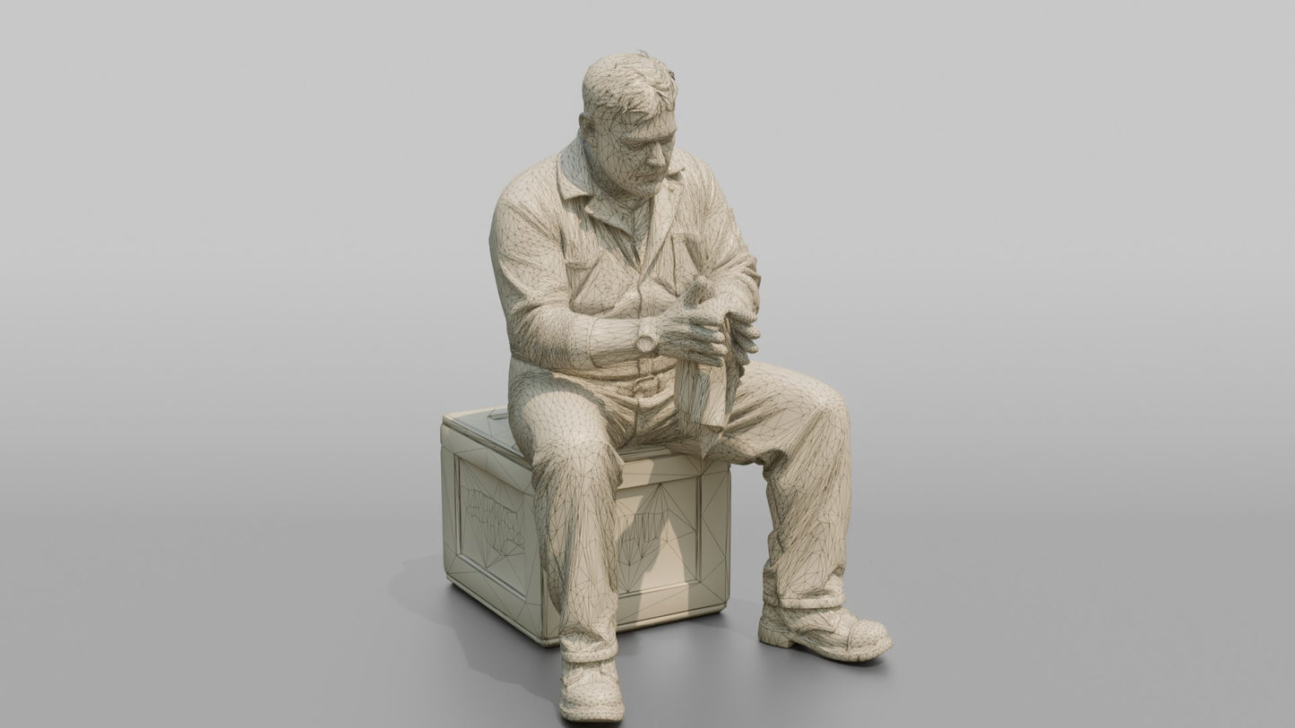 Engineer Resting on a Crate After a Long Shift
