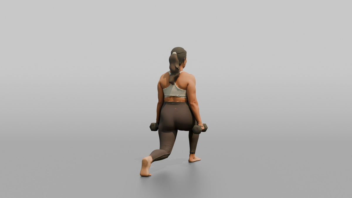 Weightlifter Woman Holding Two Dumbbells At The Sides Mid-lunge - 3D character model, view 3