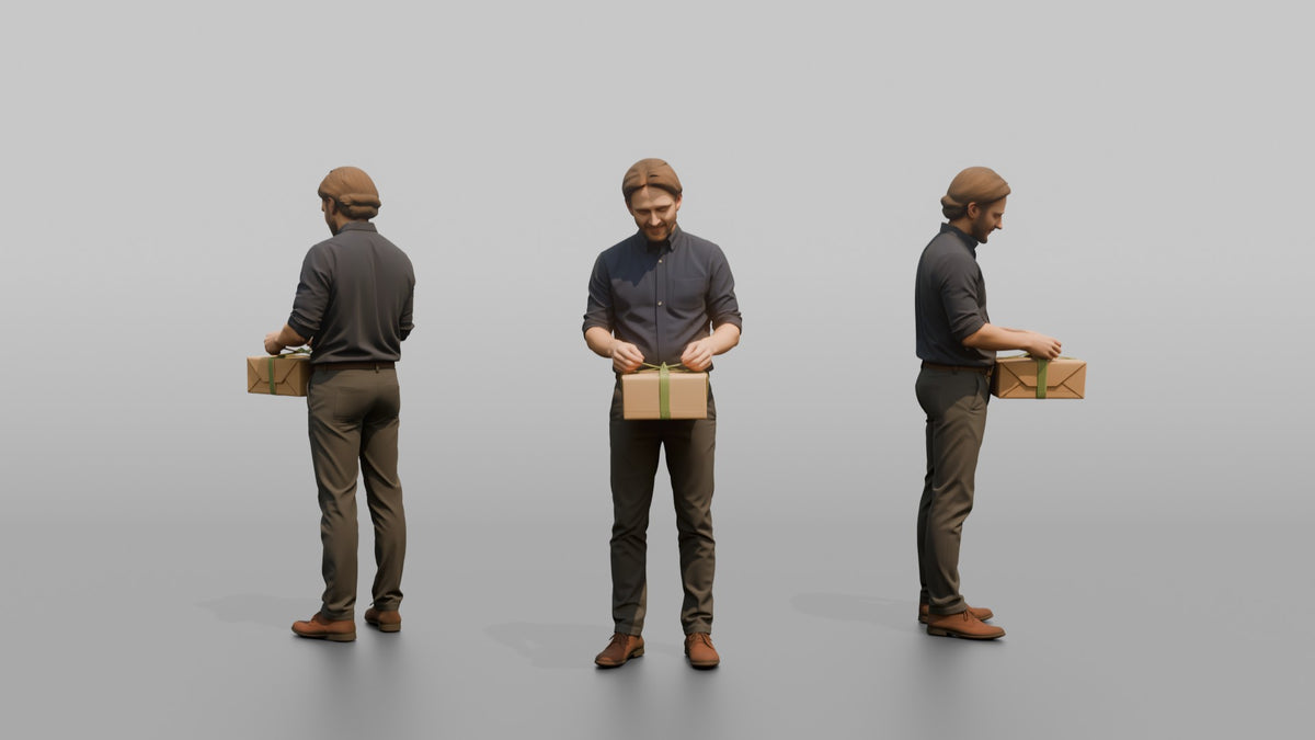 Man Sales Associate Wrapping A Gift Box With Ribbon - 3D character model, view 1