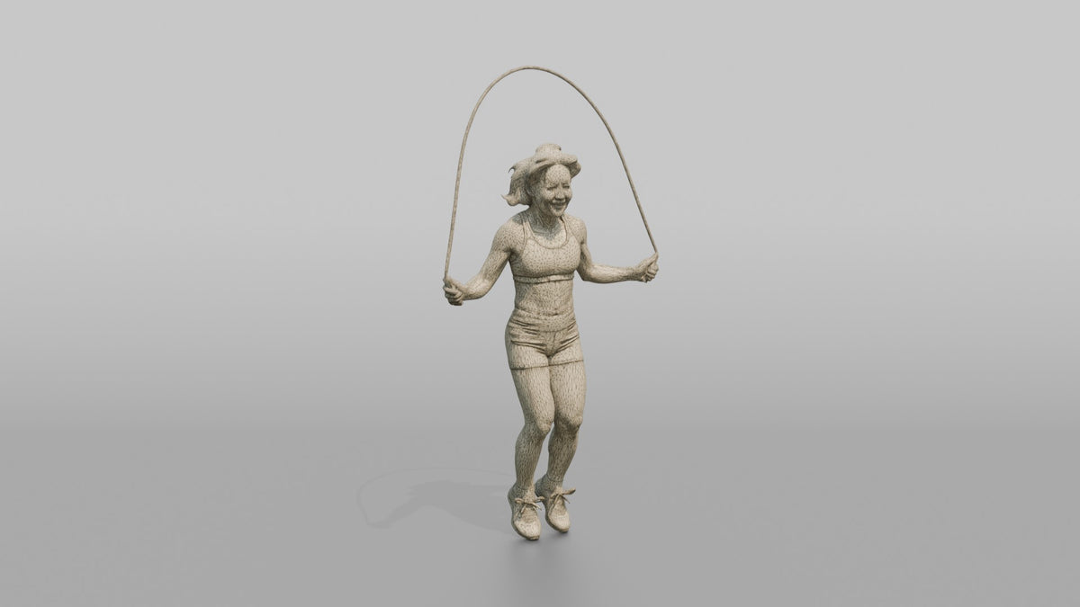 Cardio Athlete Woman Mid-jump With A Jump Rope - wireframe topology preview