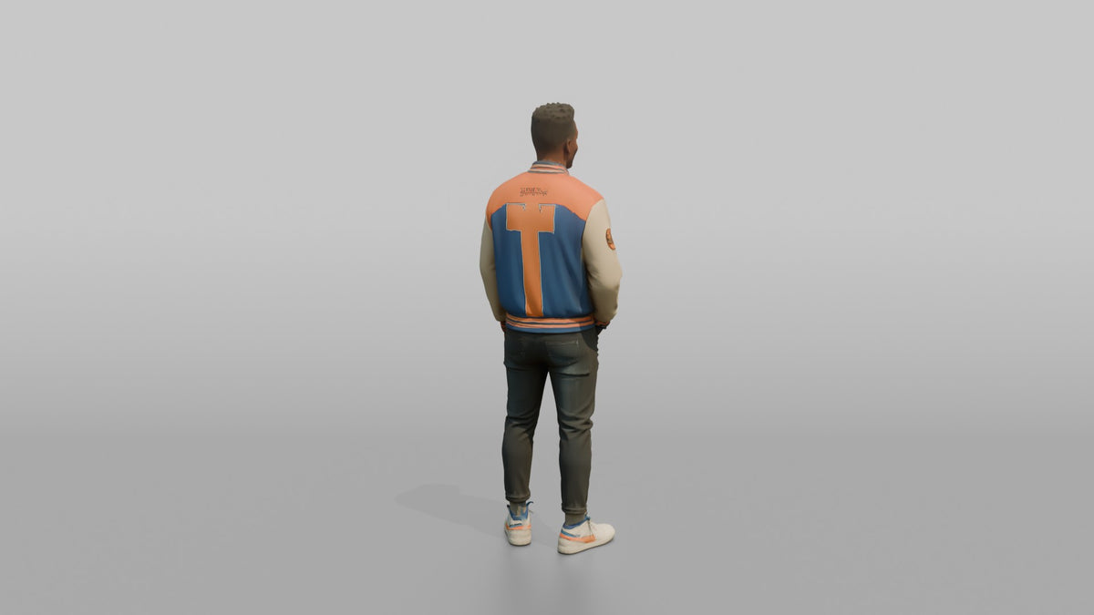 Patron Man Wearing A Vibrant Varsity Jacket, Confident Urban Stance - 3D character model, view 3
